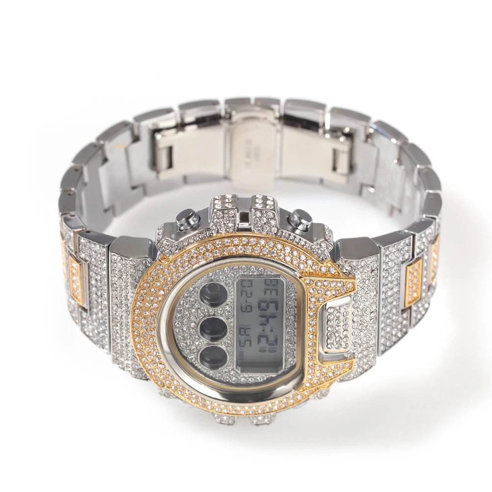 Hip Hop Full Iced Out Men Watches Stainless Steel Fashion Luxury Rhinestones Quartz Square Wristwatches Business Watch