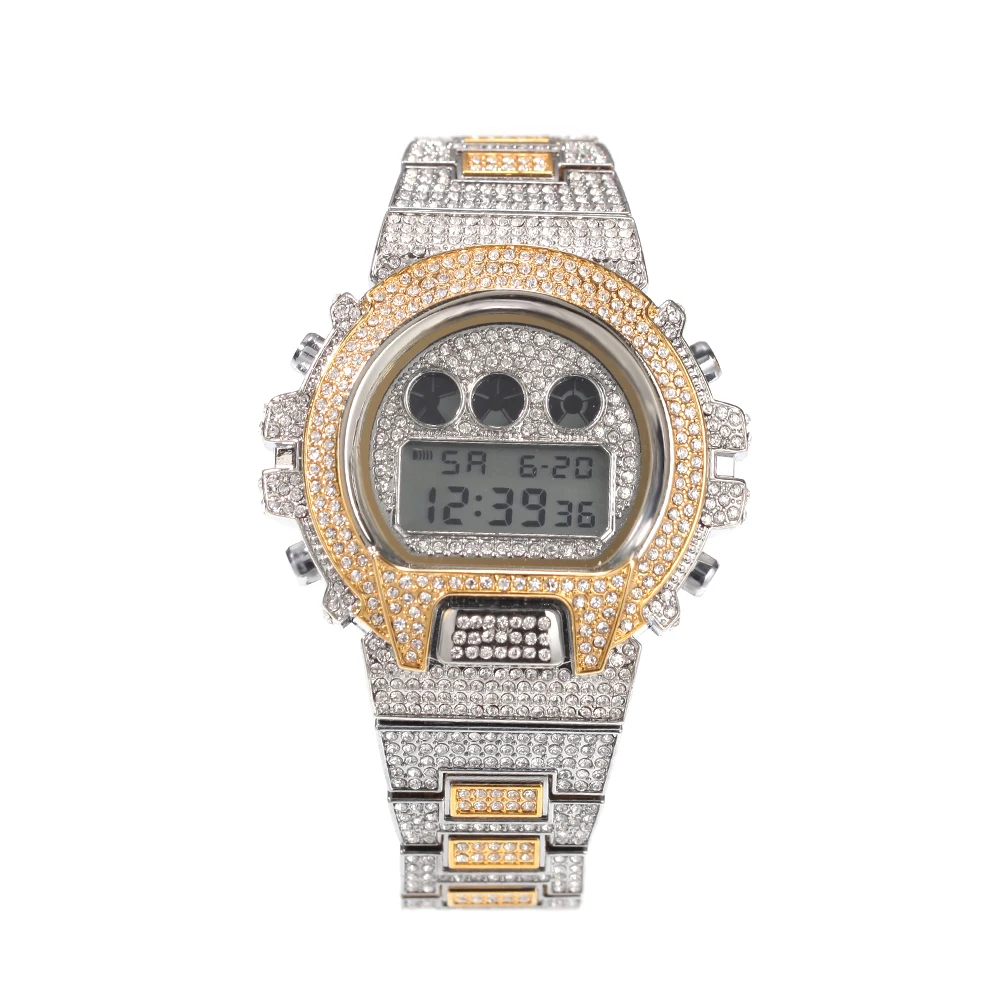 Hip Hop Full Iced Out Men Watches Stainless Steel Fashion Luxury Rhinestones Quartz Square Wristwatches Business Watch