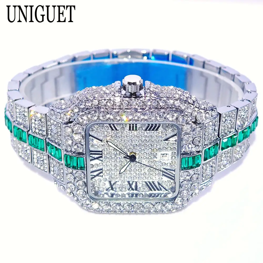 Hot Fashion Full Diamond Watch Men UNIGUET Brand Hip Hop Iced Out Bling Jewelry Square Quartz Wristwatch For Man Dropshipping