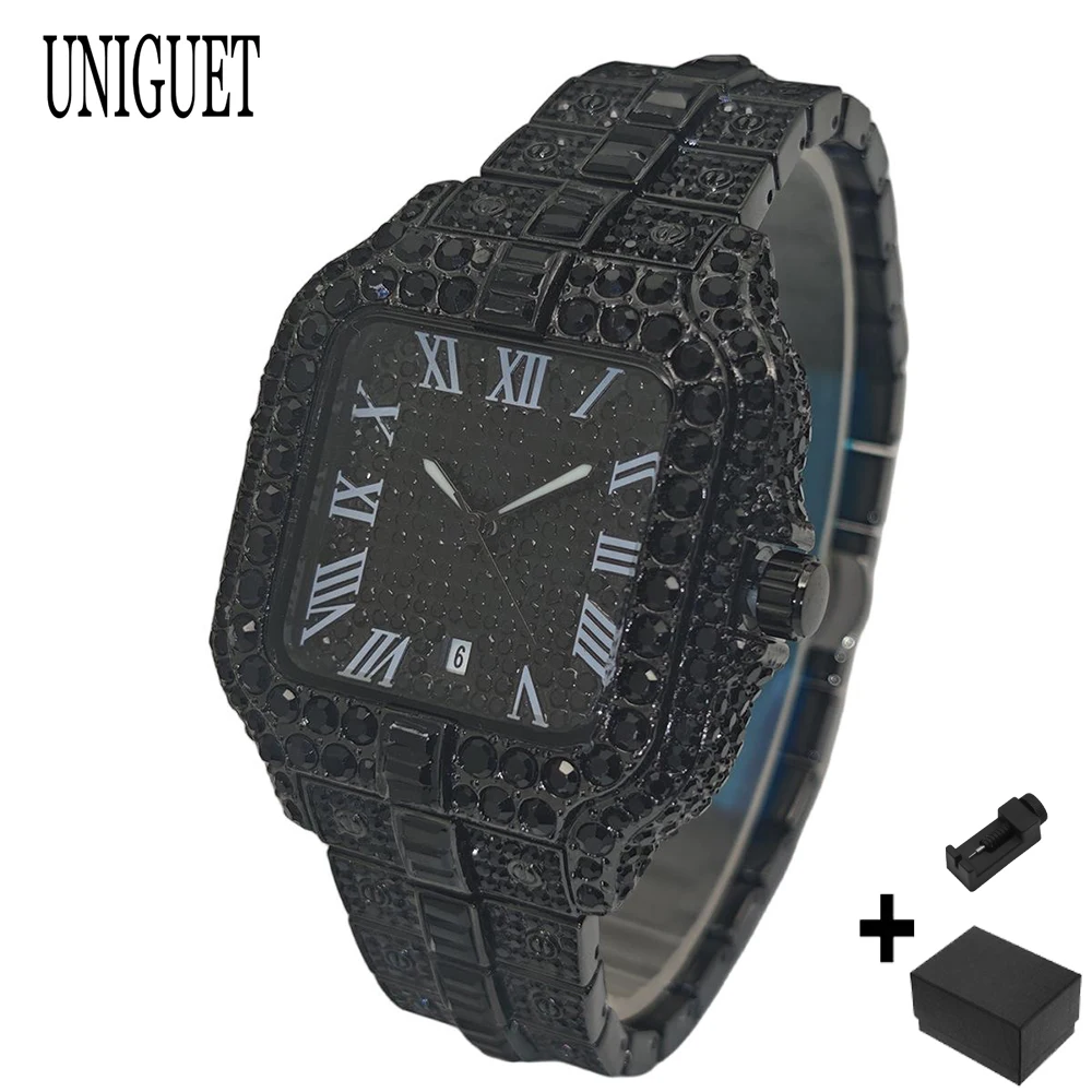 Hot Fashion Full Diamond Watch Men UNIGUET Brand Hip Hop Iced Out Bling Jewelry Square Quartz Wristwatch For Man Dropshipping