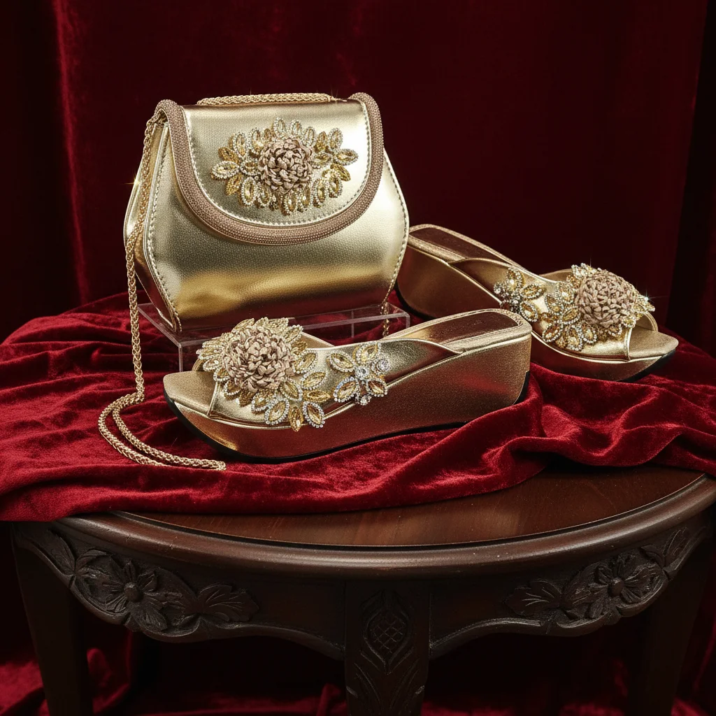 2026 Women's Elegant Green Wedge Heel Shoe and Matching Bag Set with Rhinestone Accents – Stylish Square Toe Design for Parties