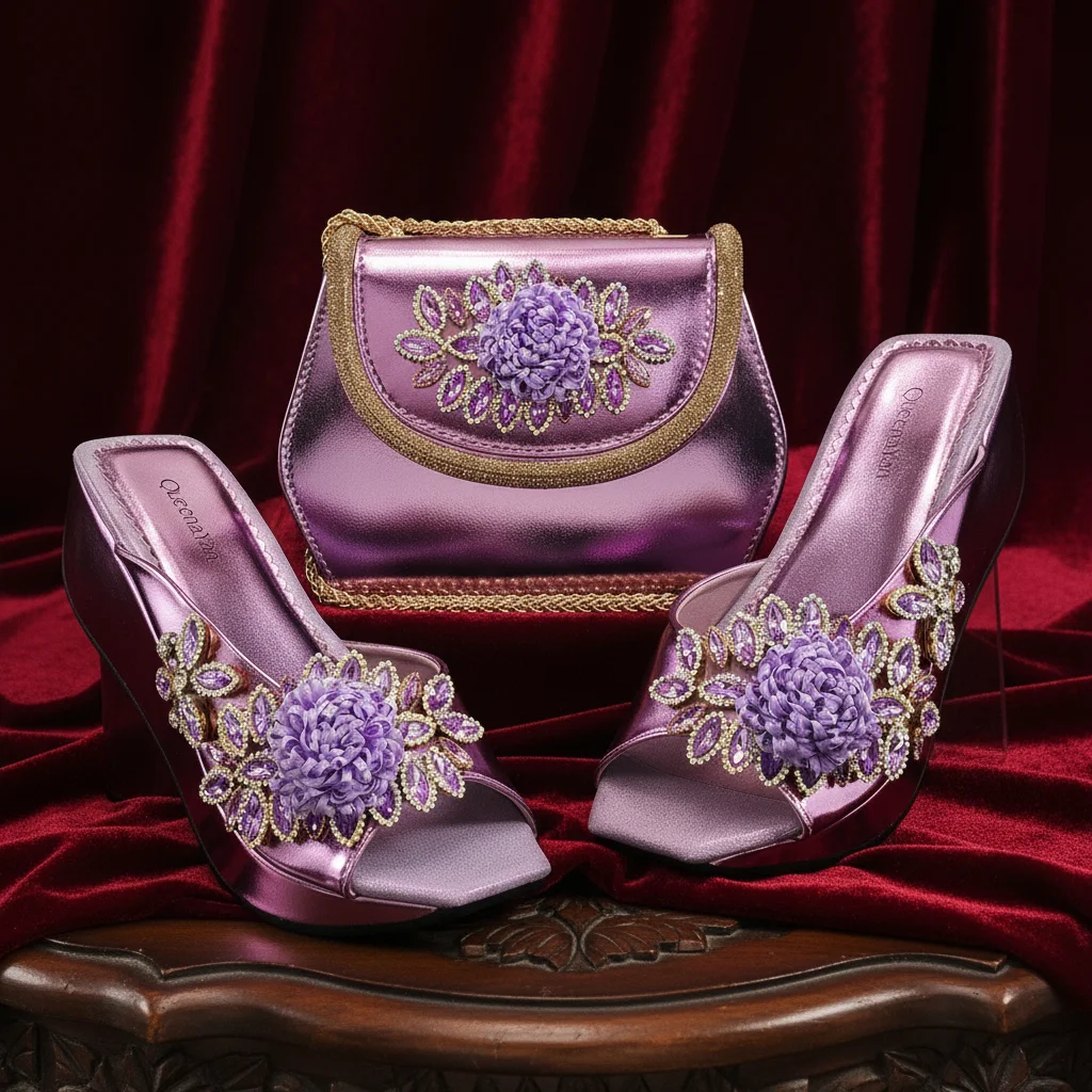 2026 Women's Elegant Green Wedge Heel Shoe and Matching Bag Set with Rhinestone Accents – Stylish Square Toe Design for Parties