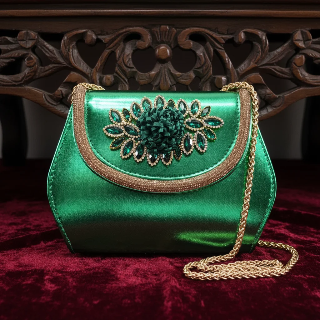 2026 Women's Elegant Green Wedge Heel Shoe and Matching Bag Set with Rhinestone Accents – Stylish Square Toe Design for Parties
