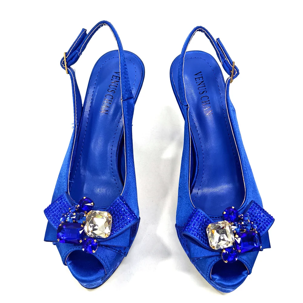 2024 Rhinestone Design INS Hot Sale New Arrivals African Shoes and Bag Set in Blue Color Open Toe Comfortable Women Heels