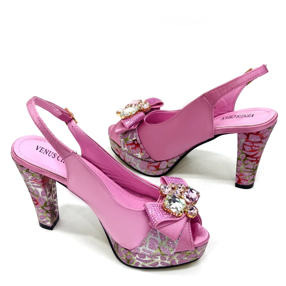 2024 Rhinestone Design INS Hot Sale New Arrivals African Shoes and Bag Set in Blue Color Open Toe Comfortable Women Heels