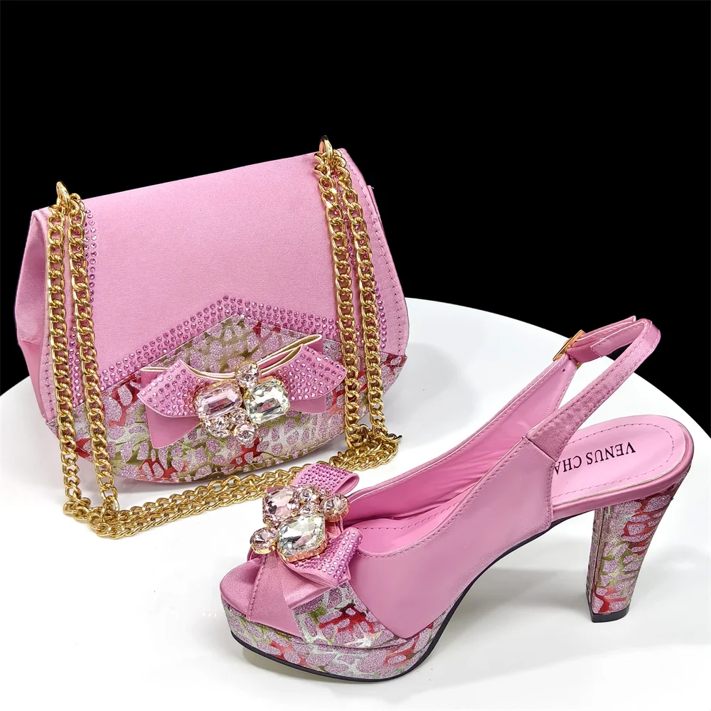2024 Rhinestone Design INS Hot Sale New Arrivals African Shoes and Bag Set in Blue Color Open Toe Comfortable Women Heels