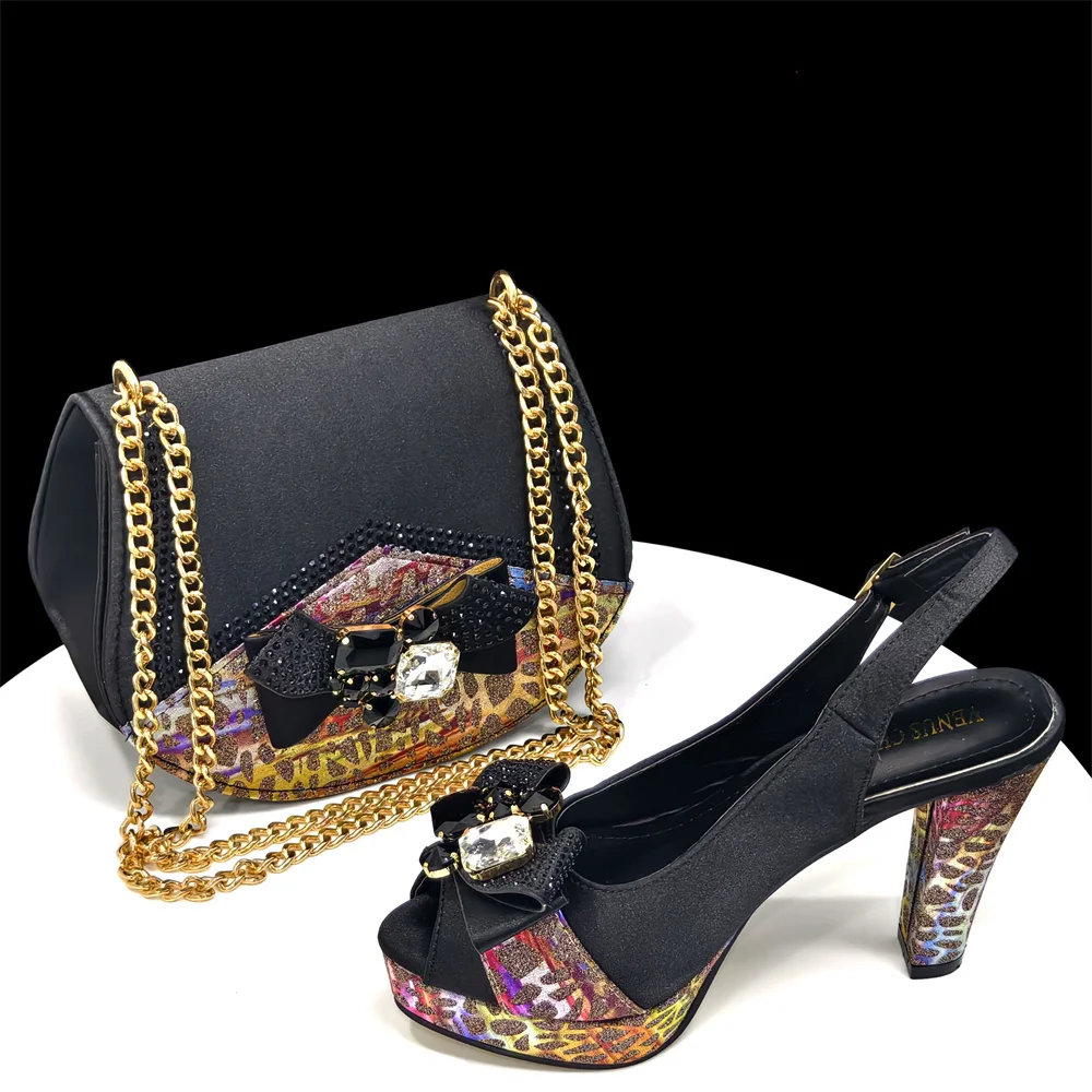 2024 Rhinestone Design INS Hot Sale New Arrivals African Shoes and Bag Set in Blue Color Open Toe Comfortable Women Heels