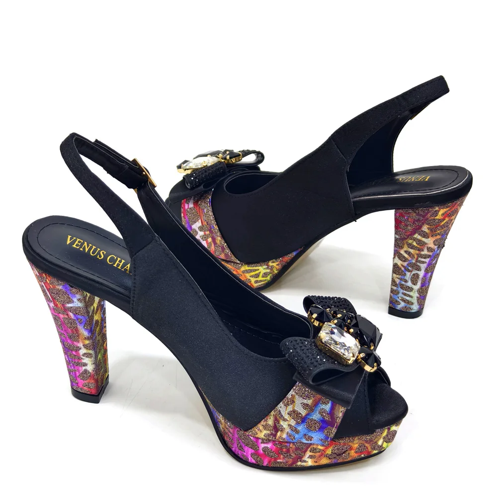 2024 Rhinestone Design INS Hot Sale New Arrivals African Shoes and Bag Set in Blue Color Open Toe Comfortable Women Heels