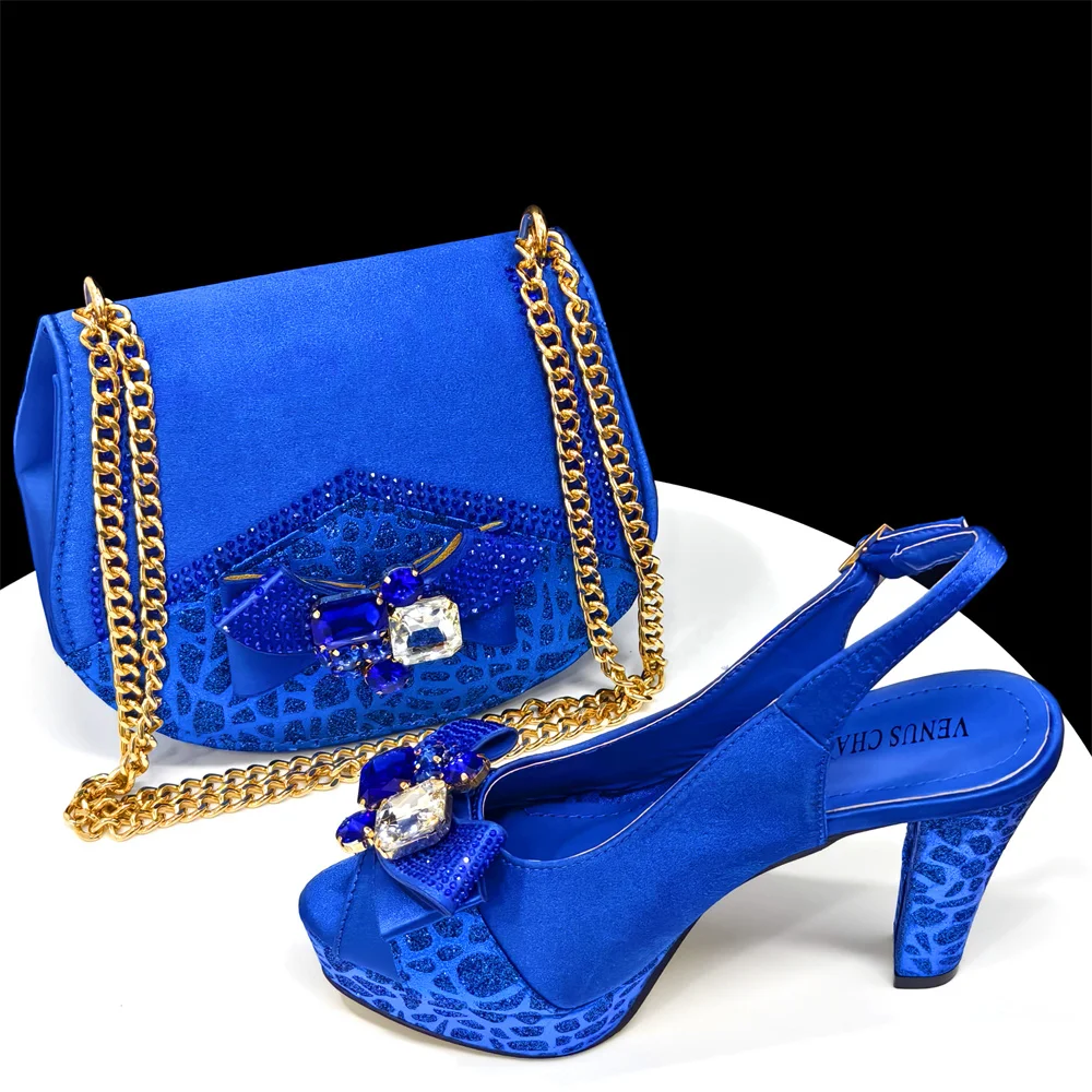 2024 Rhinestone Design INS Hot Sale New Arrivals African Shoes and Bag Set in Blue Color Open Toe Comfortable Women Heels