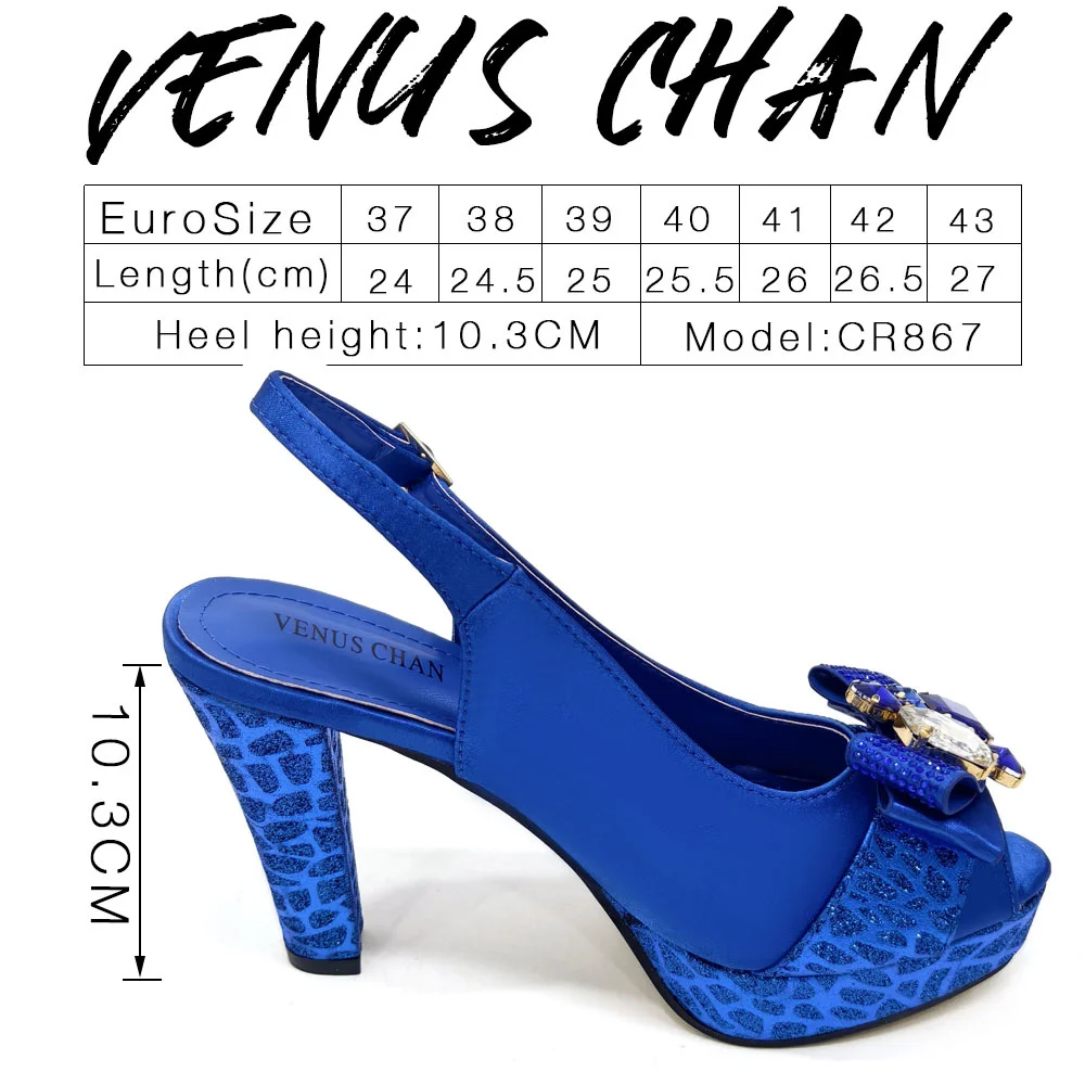 2024 Rhinestone Design INS Hot Sale New Arrivals African Shoes and Bag Set in Blue Color Open Toe Comfortable Women Heels