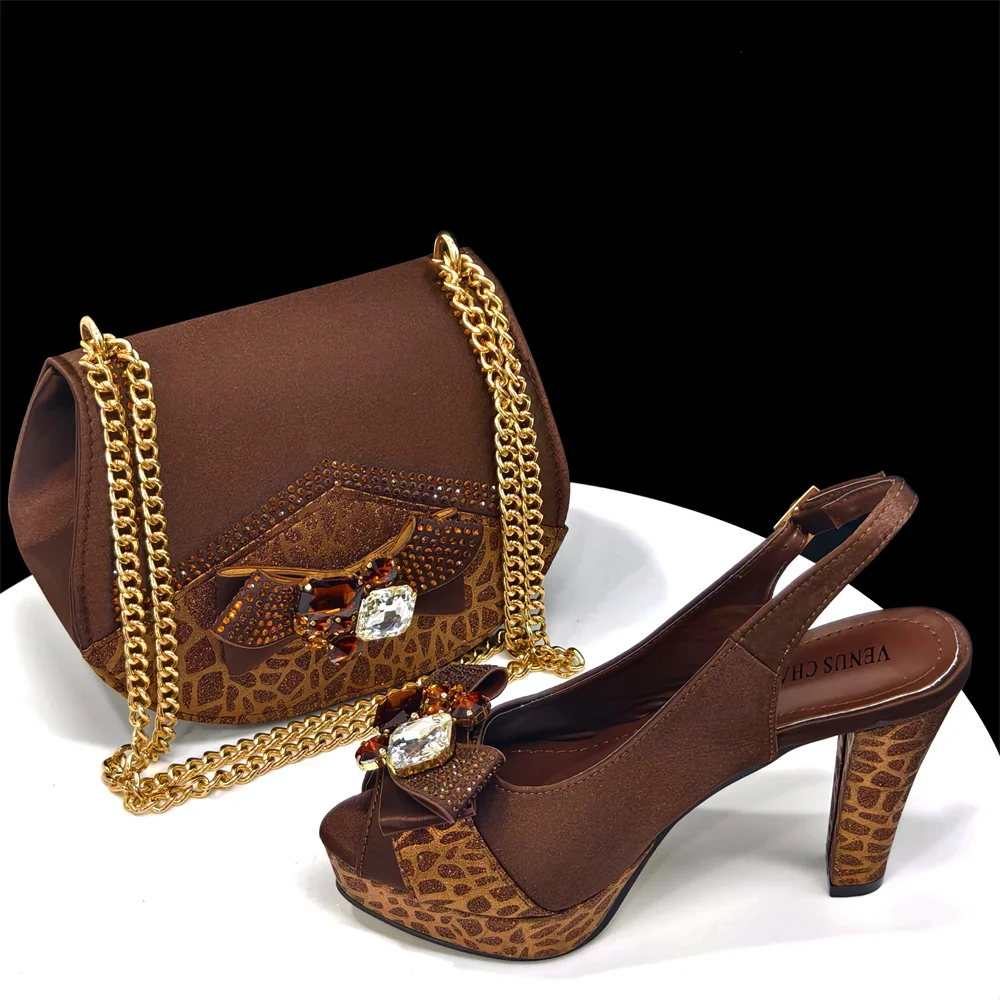 2024 Rhinestone Design INS Hot Sale New Arrivals African Shoes and Bag Set in Blue Color Open Toe Comfortable Women Heels