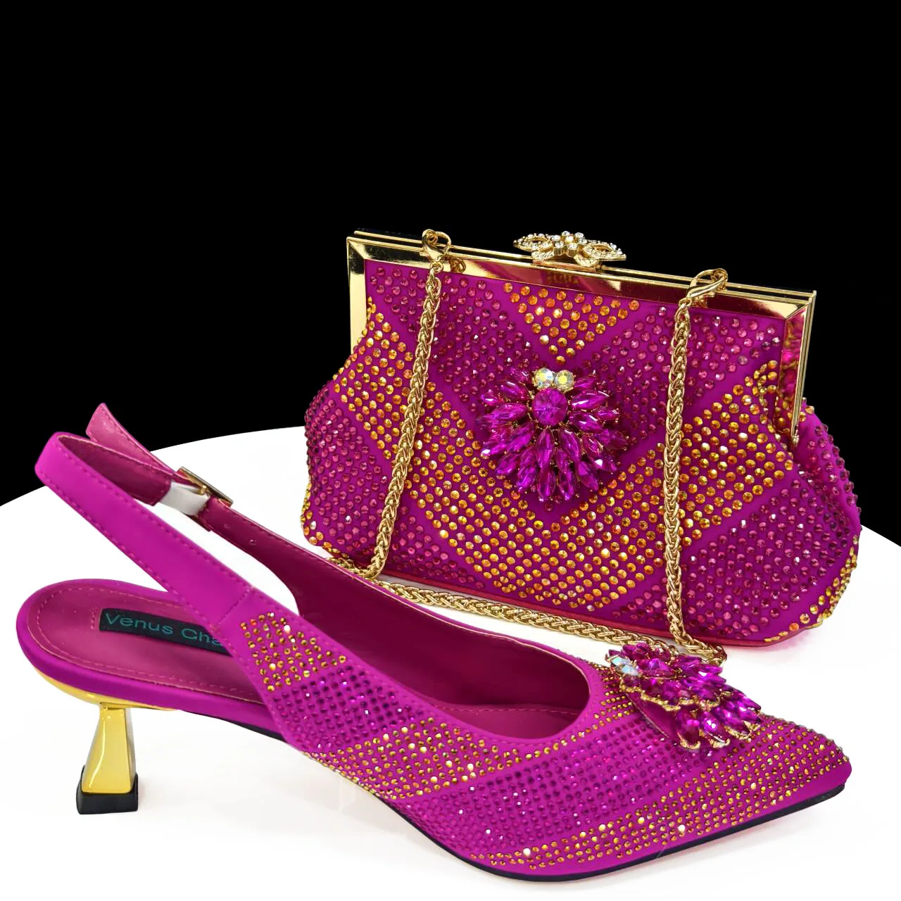 Venus Chan Italian Shoes and Bags Matching Set 2024 Silver Color Rhinestone Fashion High Heels for Women Pointed Toe Pumps