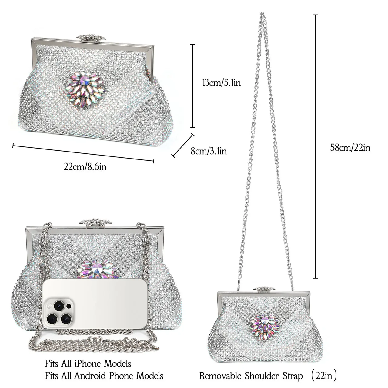 Venus Chan Italian Shoes and Bags Matching Set 2024 Silver Color Rhinestone Fashion High Heels for Women Pointed Toe Pumps