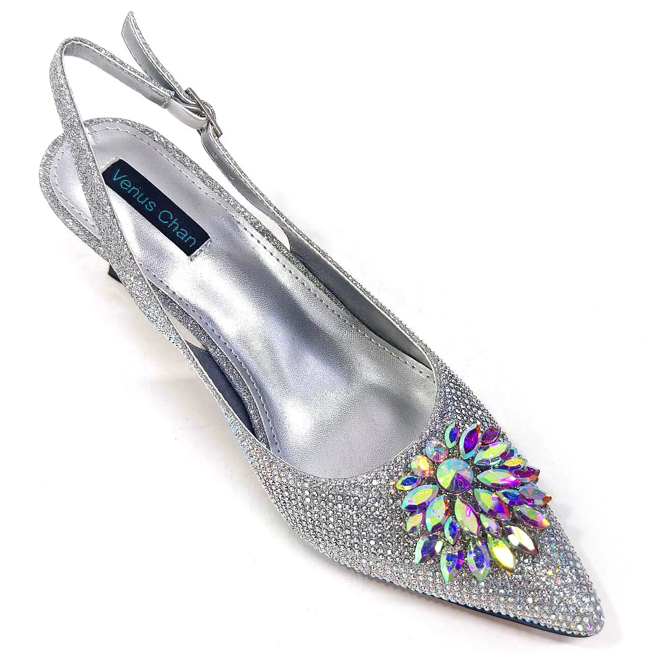 Venus Chan Italian Shoes and Bags Matching Set 2024 Silver Color Rhinestone Fashion High Heels for Women Pointed Toe Pumps