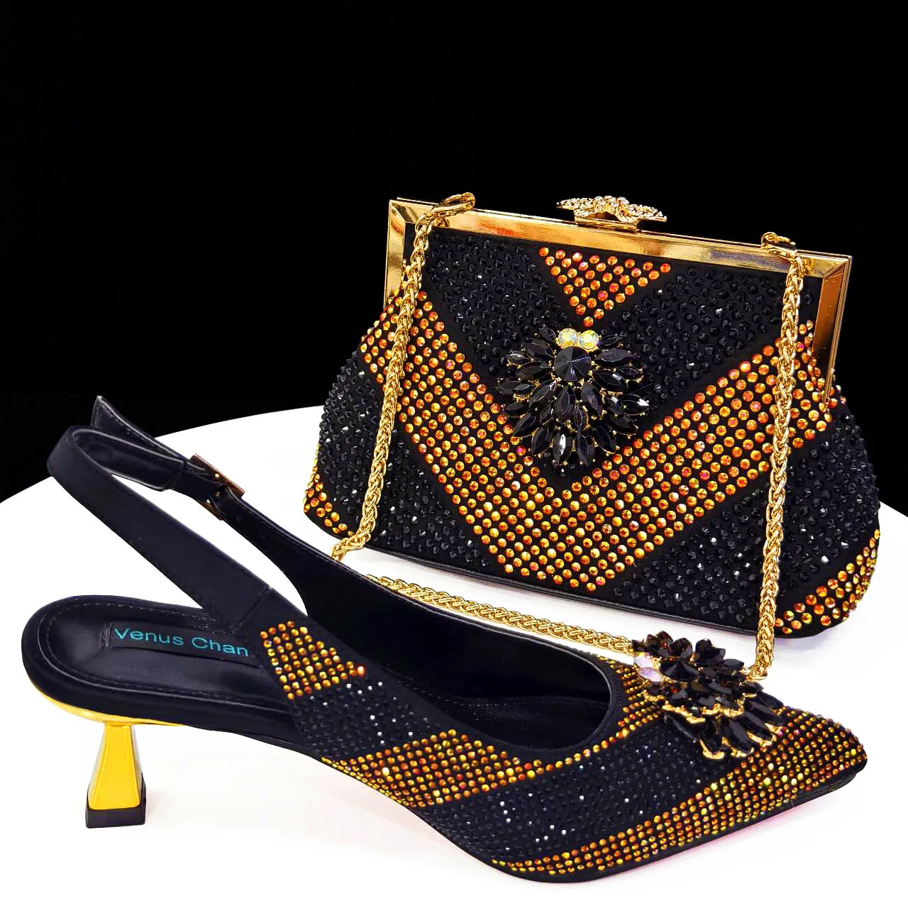 Venus Chan Italian Shoes and Bags Matching Set 2024 Silver Color Rhinestone Fashion High Heels for Women Pointed Toe Pumps