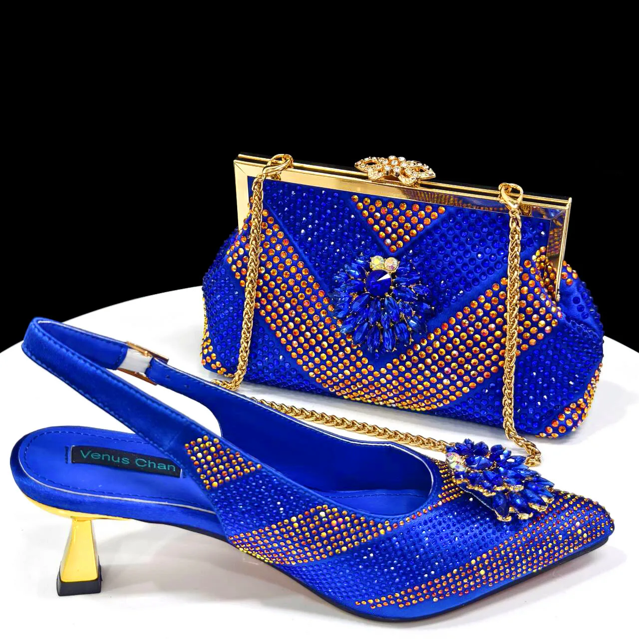 Venus Chan Italian Shoes and Bags Matching Set 2024 Silver Color Rhinestone Fashion High Heels for Women Pointed Toe Pumps