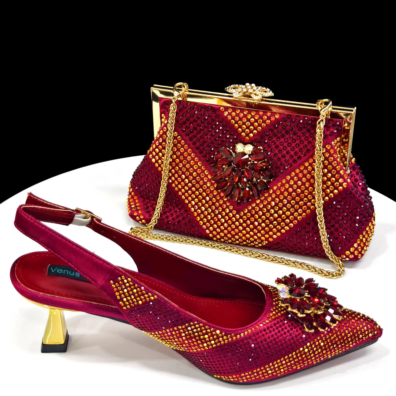 Venus Chan Italian Shoes and Bags Matching Set 2024 Silver Color Rhinestone Fashion High Heels for Women Pointed Toe Pumps