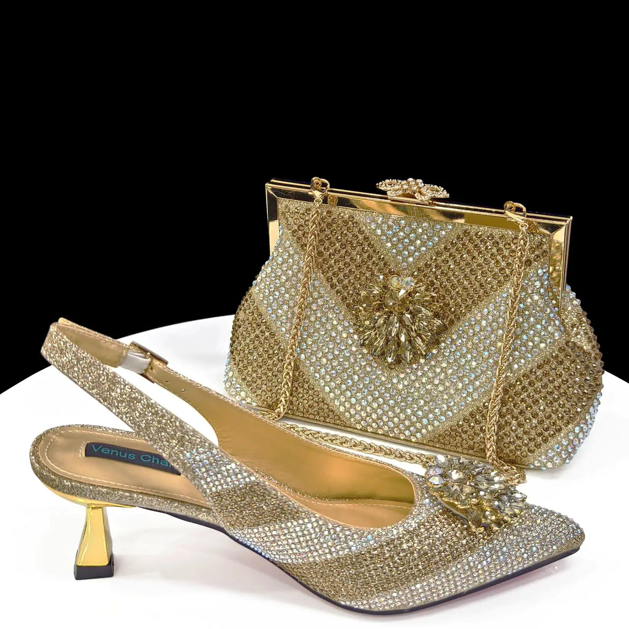 Venus Chan Italian Shoes and Bags Matching Set 2024 Silver Color Rhinestone Fashion High Heels for Women Pointed Toe Pumps