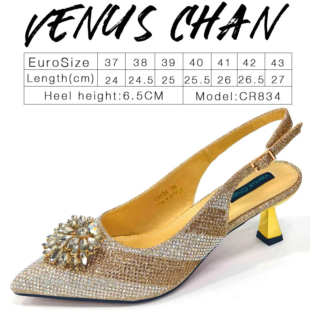 Venus Chan Italian Shoes and Bags Matching Set 2024 Silver Color Rhinestone Fashion High Heels for Women Pointed Toe Pumps