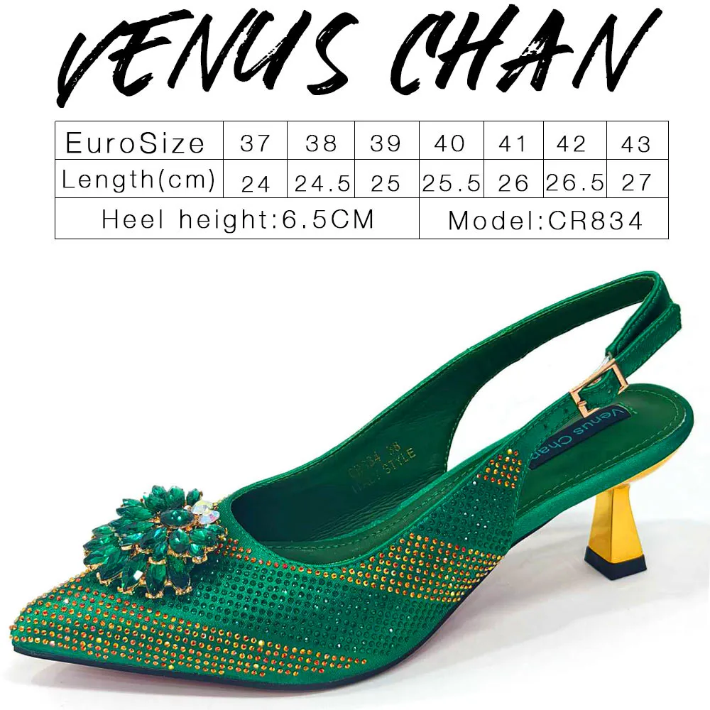 Venus Chan Italian Shoes and Bags Matching Set 2024 Silver Color Rhinestone Fashion High Heels for Women Pointed Toe Pumps