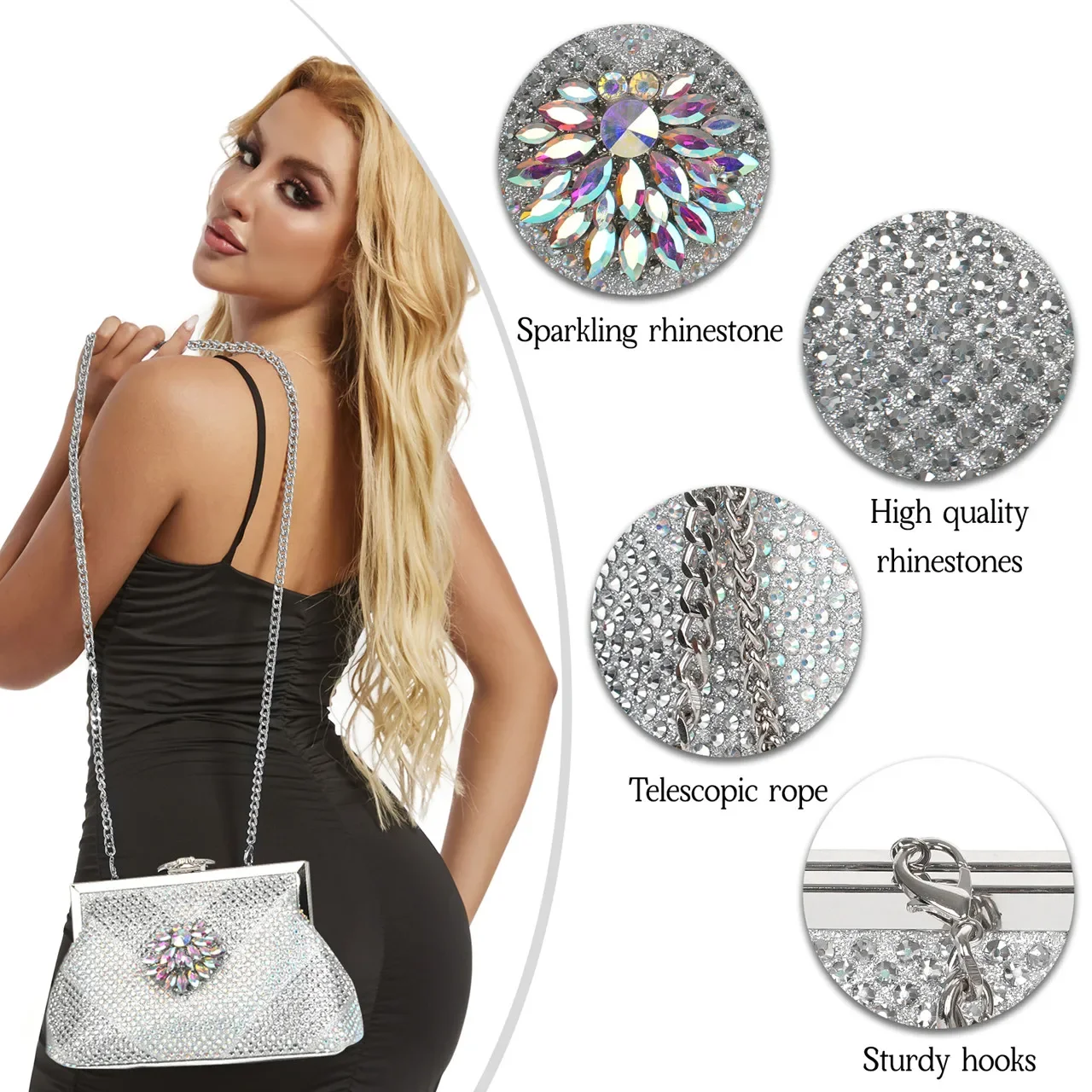 Venus Chan Italian Shoes and Bags Matching Set 2024 Silver Color Rhinestone Fashion High Heels for Women Pointed Toe Pumps