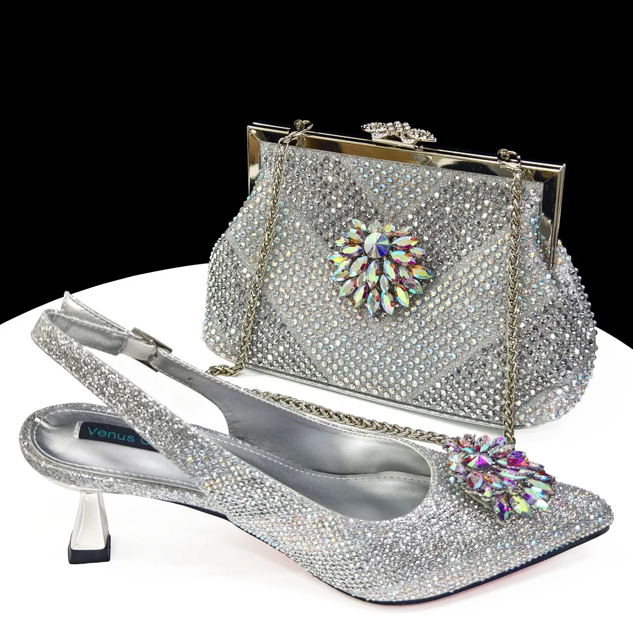 Venus Chan Italian Shoes and Bags Matching Set 2024 Silver Color Rhinestone Fashion High Heels for Women Pointed Toe Pumps