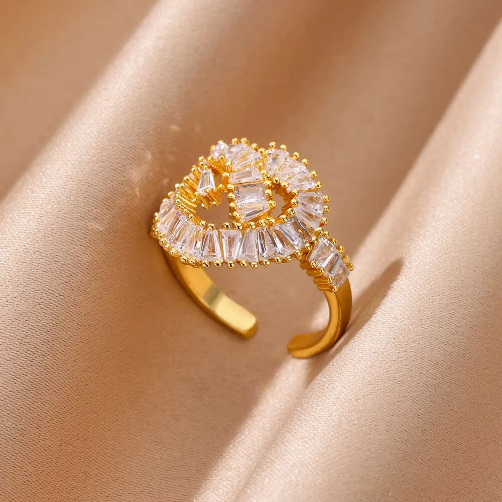 Gold Color Stainless Steel Colored Imitation jade heart-Shaped Opening Ring For Women Adjustable Charm Finger Ring Jewelry Gift