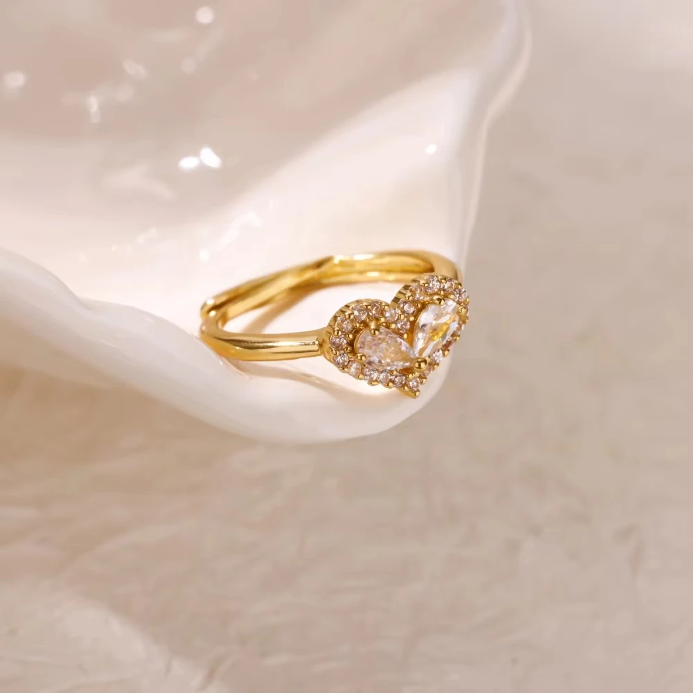 Gold Color Stainless Steel Colored Imitation jade heart-Shaped Opening Ring For Women Adjustable Charm Finger Ring Jewelry Gift