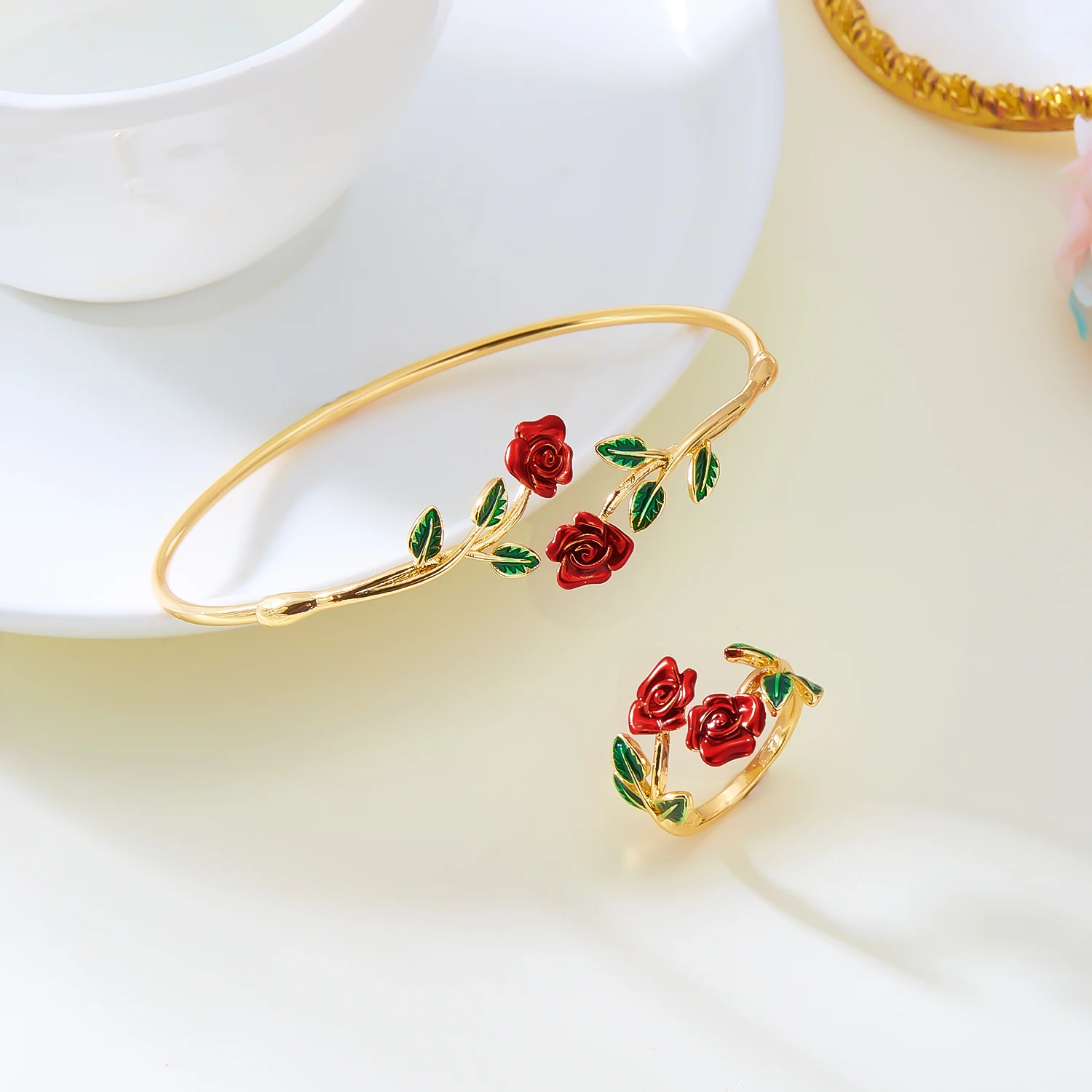 Retro Red Rose Flower Bracelet Ring Set For Women Vintage Drip Oil Open Adjustable Cuff Bangle Finger Ring Party Wedding Jewelry