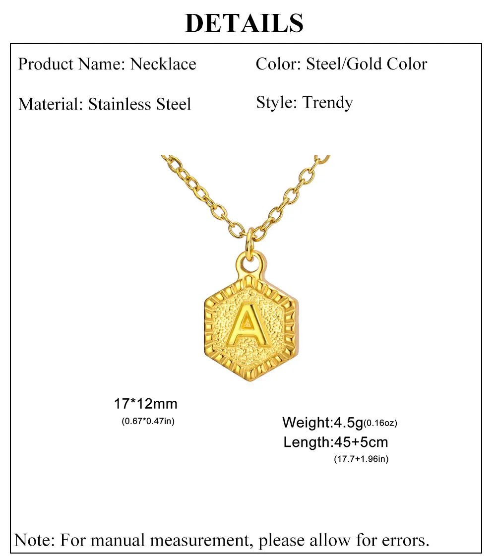 Cazador Gold Color Initial Letter Hexagon Pendant Necklaces for Women Stainless Steel A-Z Choker Chain Jewelry Birthday Gifts