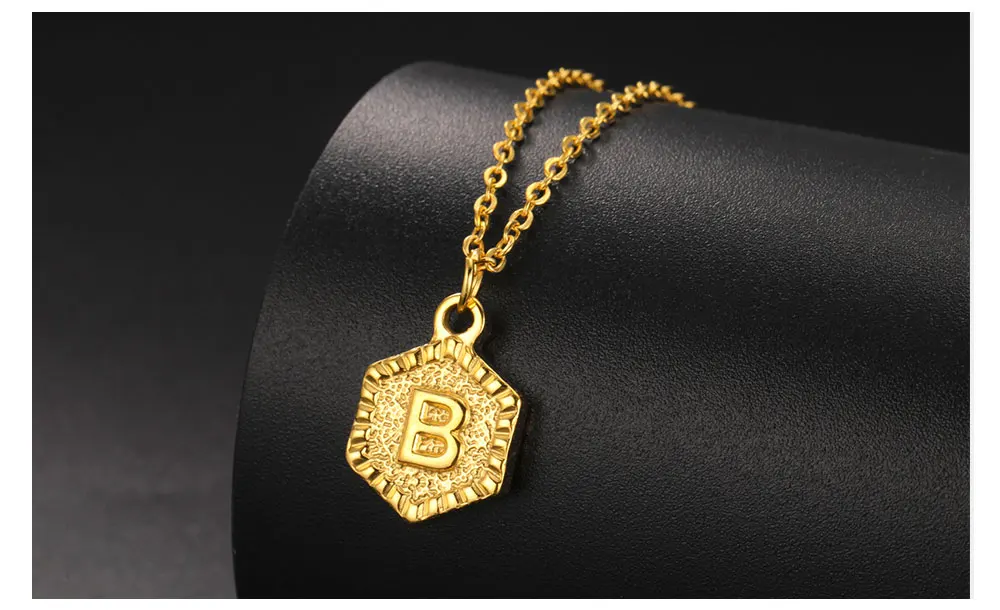 Cazador Gold Color Initial Letter Hexagon Pendant Necklaces for Women Stainless Steel A-Z Choker Chain Jewelry Birthday Gifts