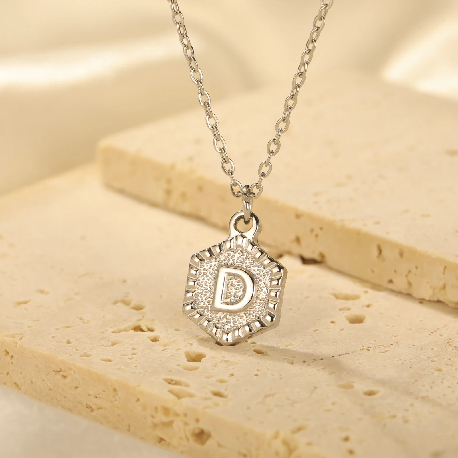 Cazador Gold Color Initial Letter Hexagon Pendant Necklaces for Women Stainless Steel A-Z Choker Chain Jewelry Birthday Gifts