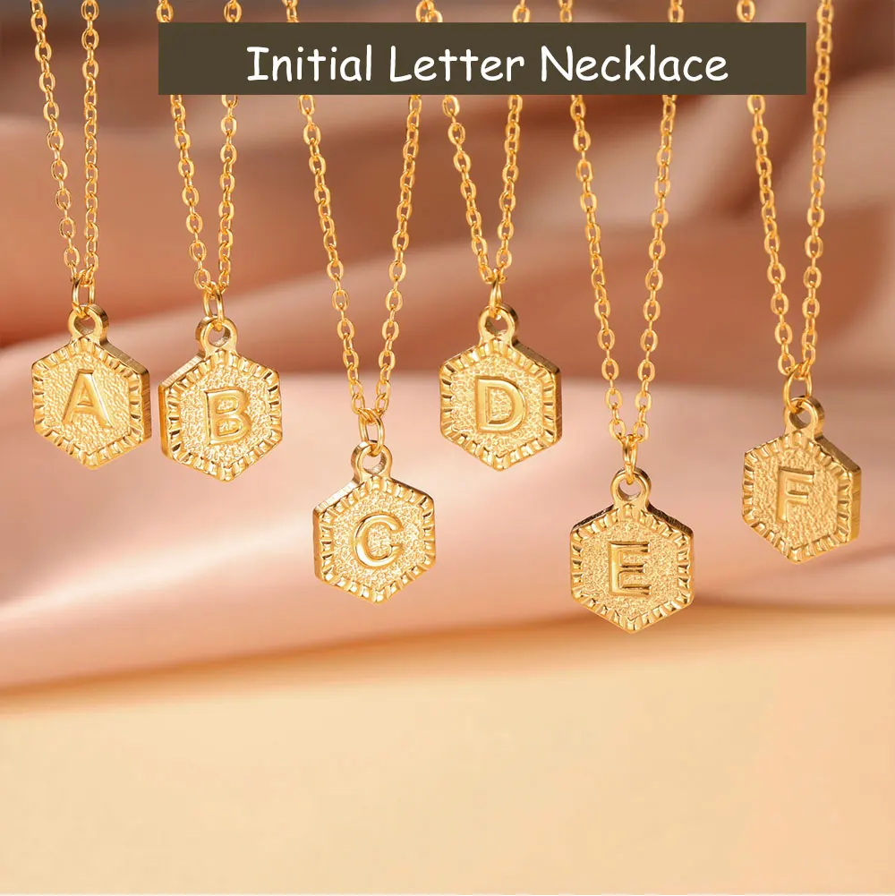 Cazador Gold Color Initial Letter Hexagon Pendant Necklaces for Women Stainless Steel A-Z Choker Chain Jewelry Birthday Gifts