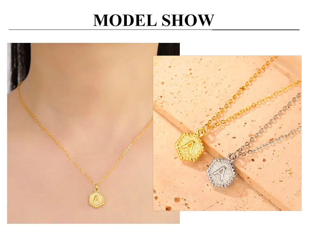 Cazador Gold Color Initial Letter Hexagon Pendant Necklaces for Women Stainless Steel A-Z Choker Chain Jewelry Birthday Gifts