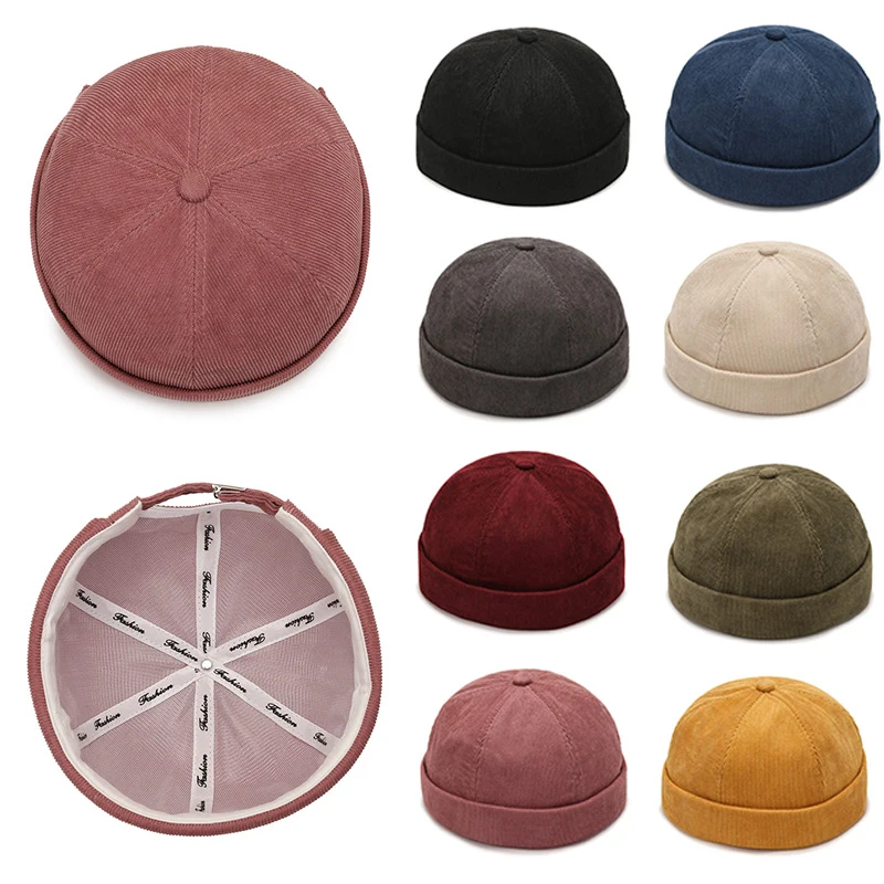 Vintage Men's Summer Cotton Brimless Skullies Cap Solid Color Street Portable Docker Hats Multipurpose Beanie Hat Hip Hop Hats