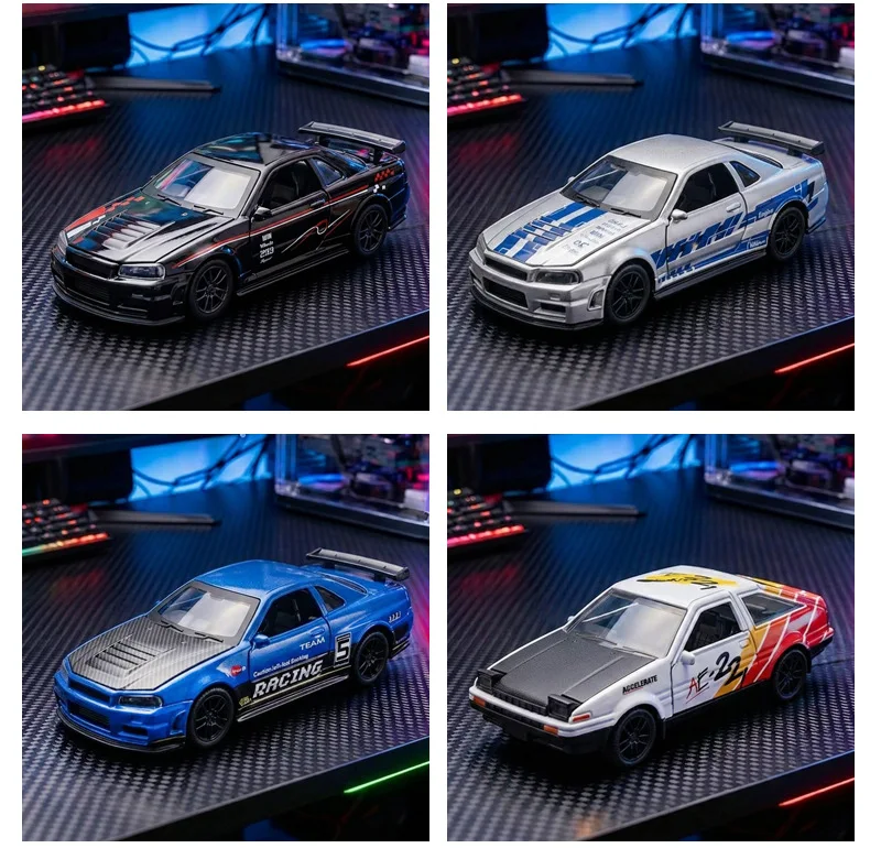 1:36 NISSAN GTR & RX7 MX5 Openable Doors Pull Back Toy, Painted Vehicle Collectible Ornament, Ideal Birthday Gift for Kids