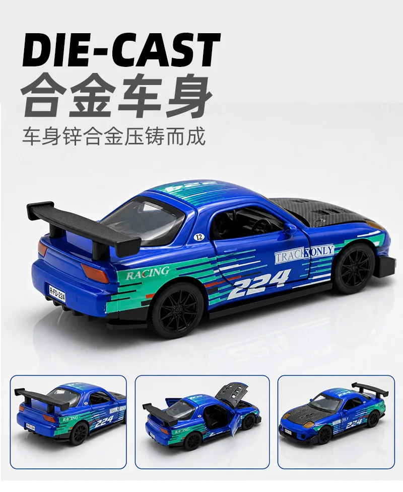 1:36 NISSAN GTR & RX7 MX5 Openable Doors Pull Back Toy, Painted Vehicle Collectible Ornament, Ideal Birthday Gift for Kids