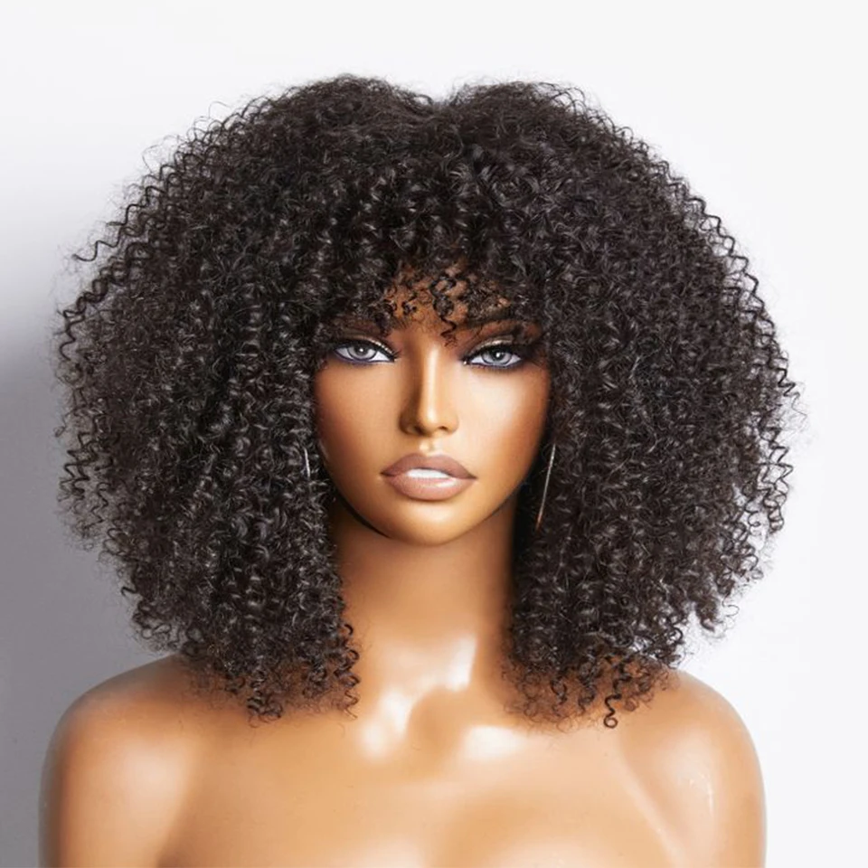 Natural Brown Color Afro Kinky Curly Human Hair Wigs with Bangs Wear & Go Glueless Wig Remy Brazilian Short Curly Human Hair Wig