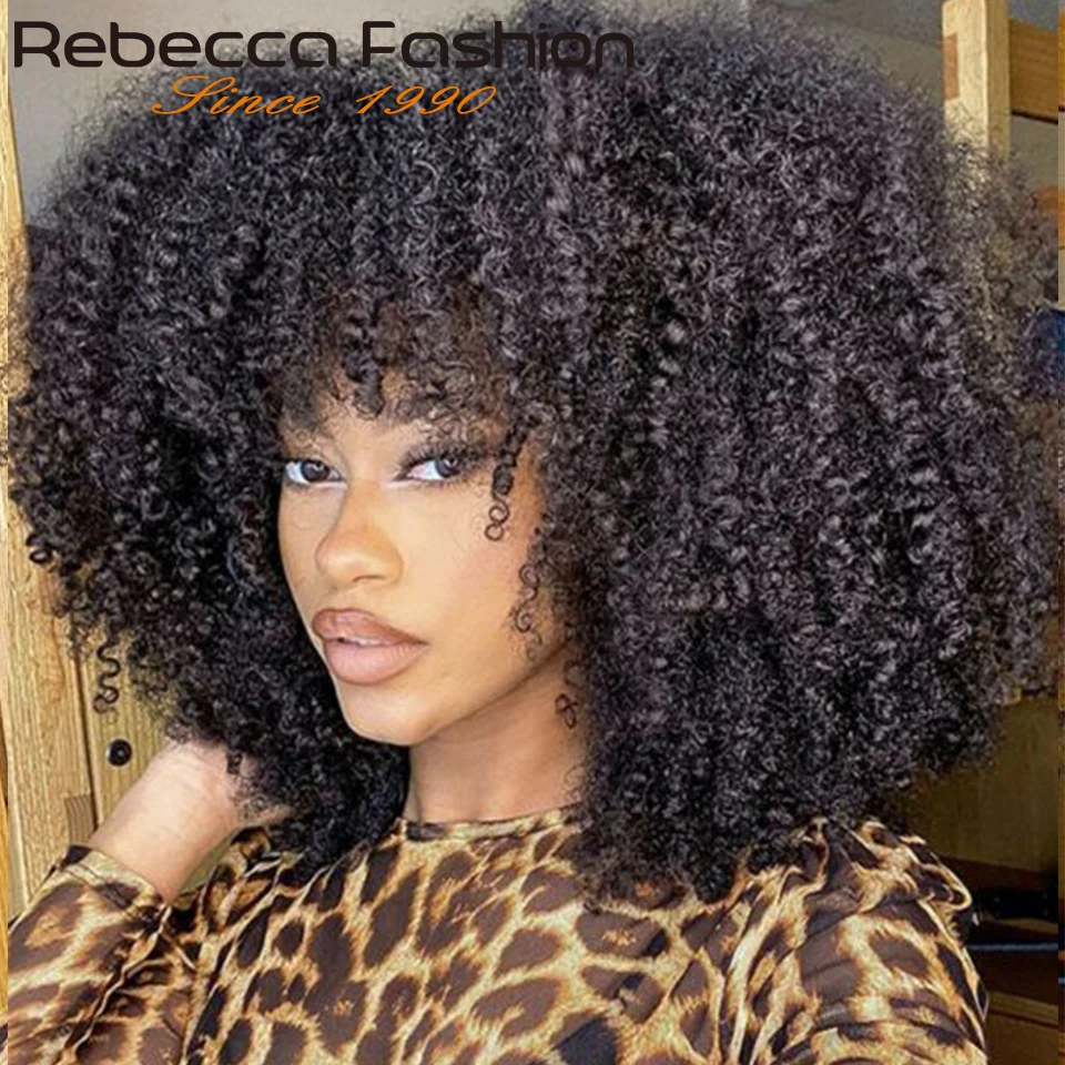 Natural Brown Color Afro Kinky Curly Human Hair Wigs with Bangs Wear & Go Glueless Wig Remy Brazilian Short Curly Human Hair Wig