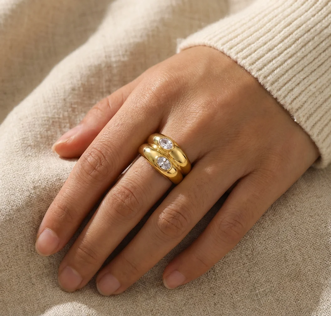 Fashion Oval Zircon Crystal Chunky Bilayer Round Rings for Women Stainless Steel Finger Ring Wedding Aesthetics Jewelry