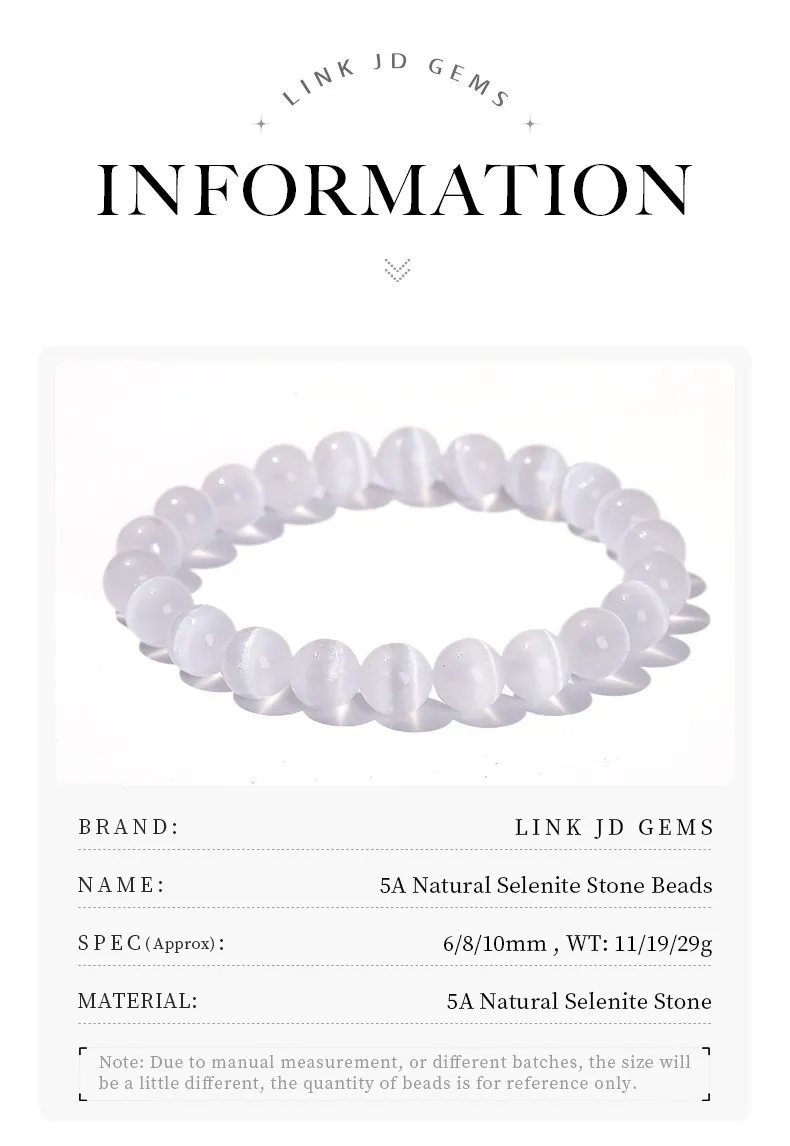 JD Natural White Selenite Stone Bead Bracelet Women Men 100% Real Gypsum Round Stone 6 8 10mm Stretch Bangles Mineral Yoga Gift
