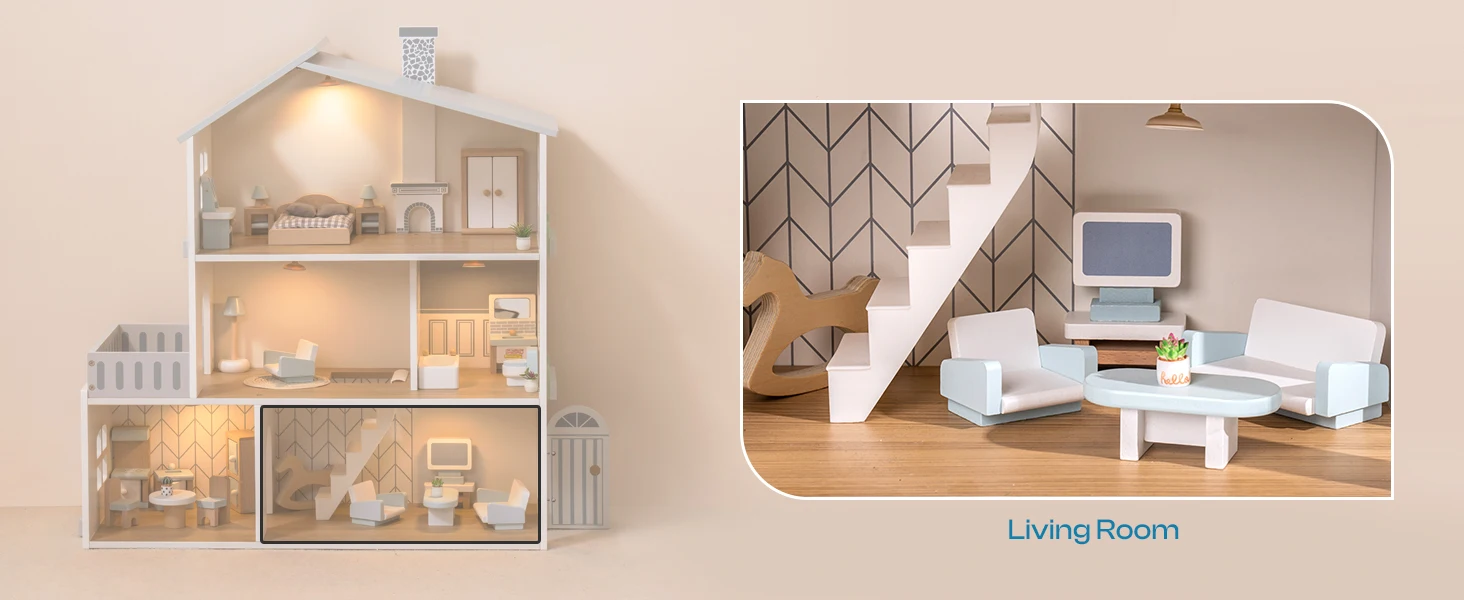 Robud Wooden Dollhouse 6 Rooms 29 Realistic Accessories 4-6" Dolls Nordic Style Kids & Toddlers Gift Ages 3+