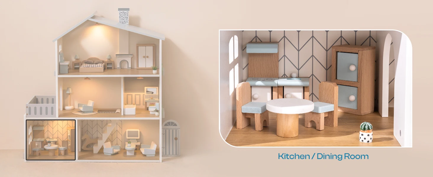 Robud Wooden Dollhouse 6 Rooms 29 Realistic Accessories 4-6" Dolls Nordic Style Kids & Toddlers Gift Ages 3+