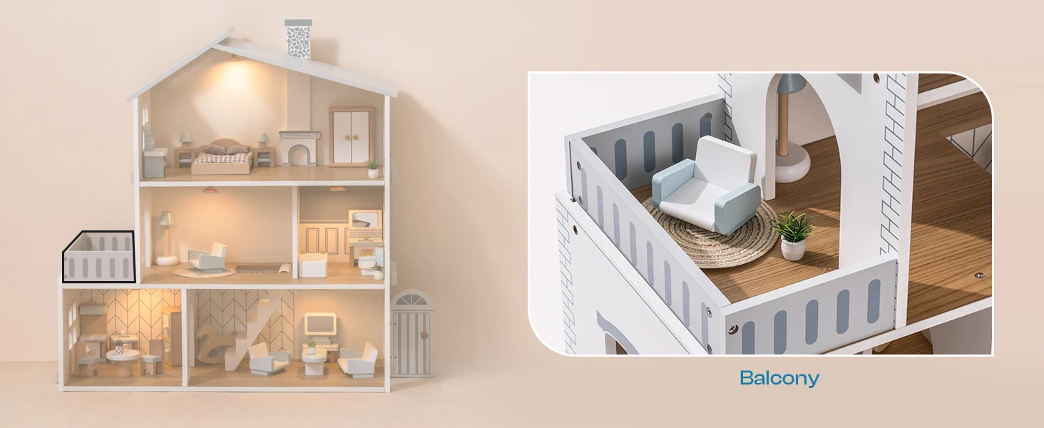 Robud Wooden Dollhouse 6 Rooms 29 Realistic Accessories 4-6" Dolls Nordic Style Kids & Toddlers Gift Ages 3+