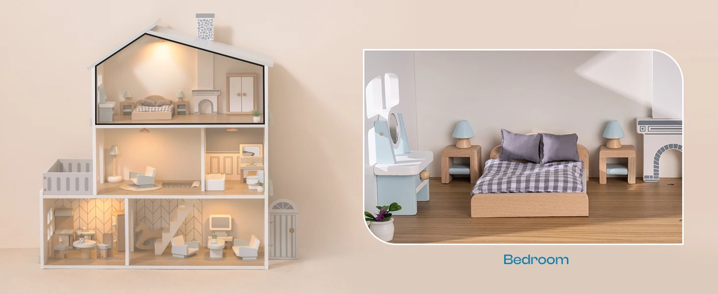 Robud Wooden Dollhouse 6 Rooms 29 Realistic Accessories 4-6" Dolls Nordic Style Kids & Toddlers Gift Ages 3+