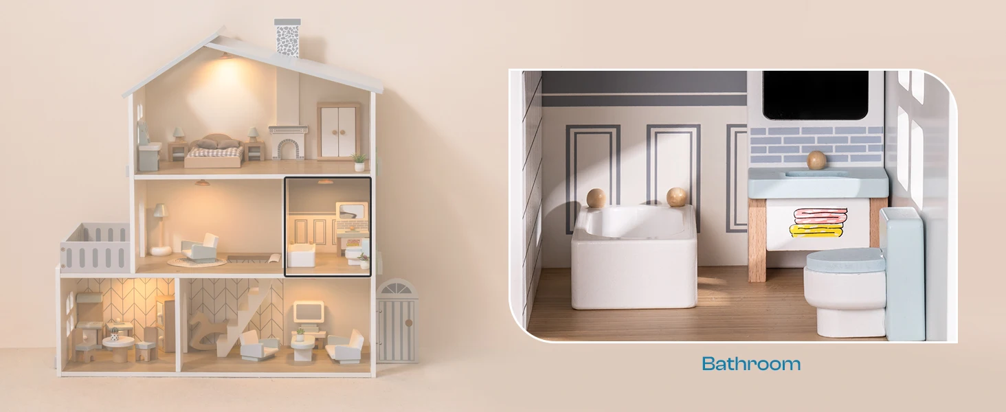 Robud Wooden Dollhouse 6 Rooms 29 Realistic Accessories 4-6" Dolls Nordic Style Kids & Toddlers Gift Ages 3+