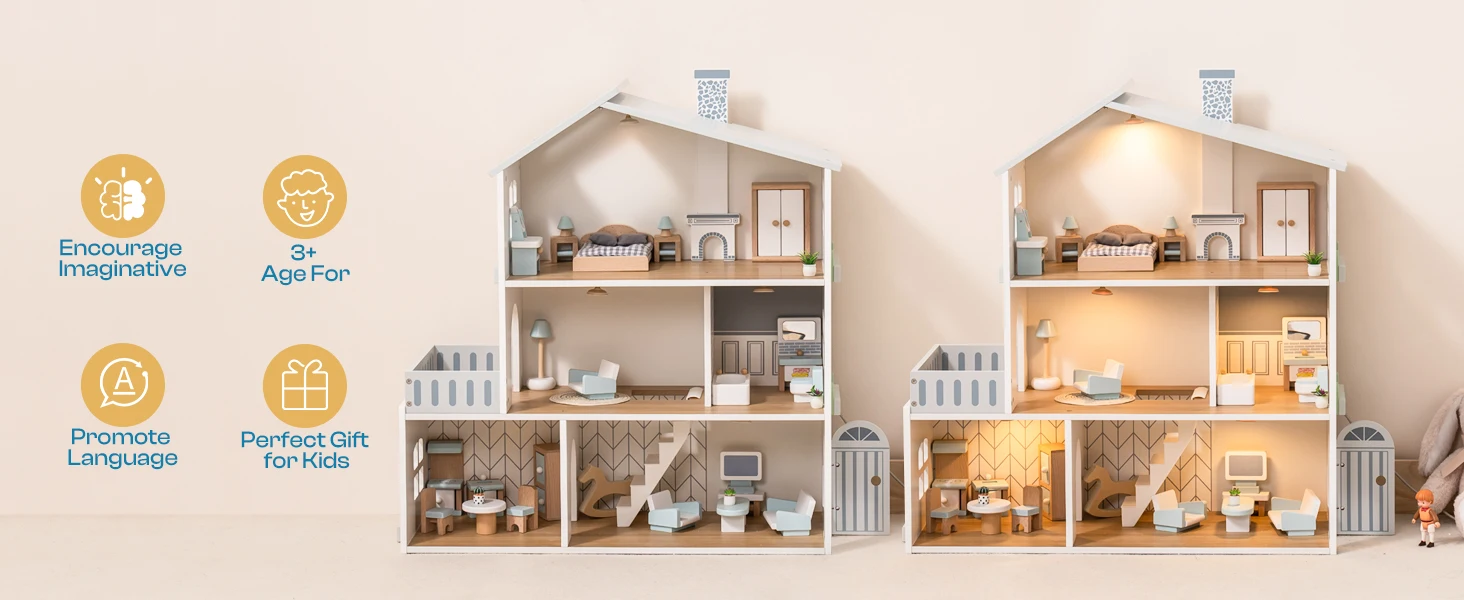 Robud Wooden Dollhouse 6 Rooms 29 Realistic Accessories 4-6" Dolls Nordic Style Kids & Toddlers Gift Ages 3+