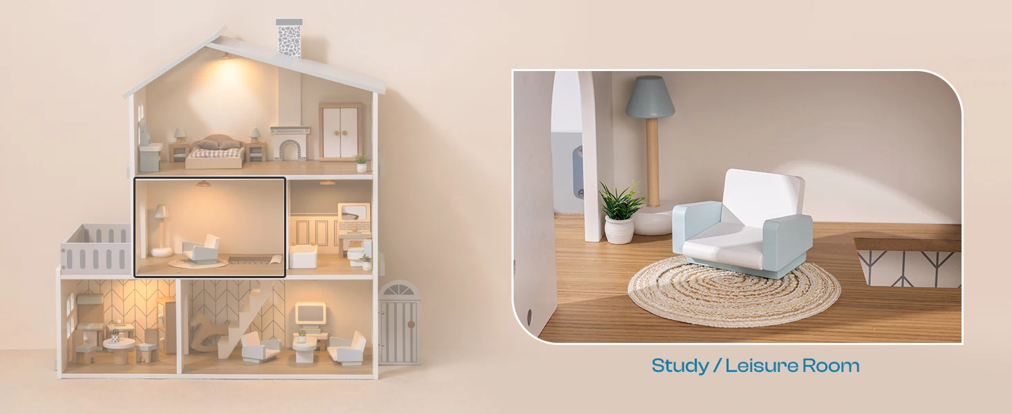 Robud Wooden Dollhouse 6 Rooms 29 Realistic Accessories 4-6" Dolls Nordic Style Kids & Toddlers Gift Ages 3+