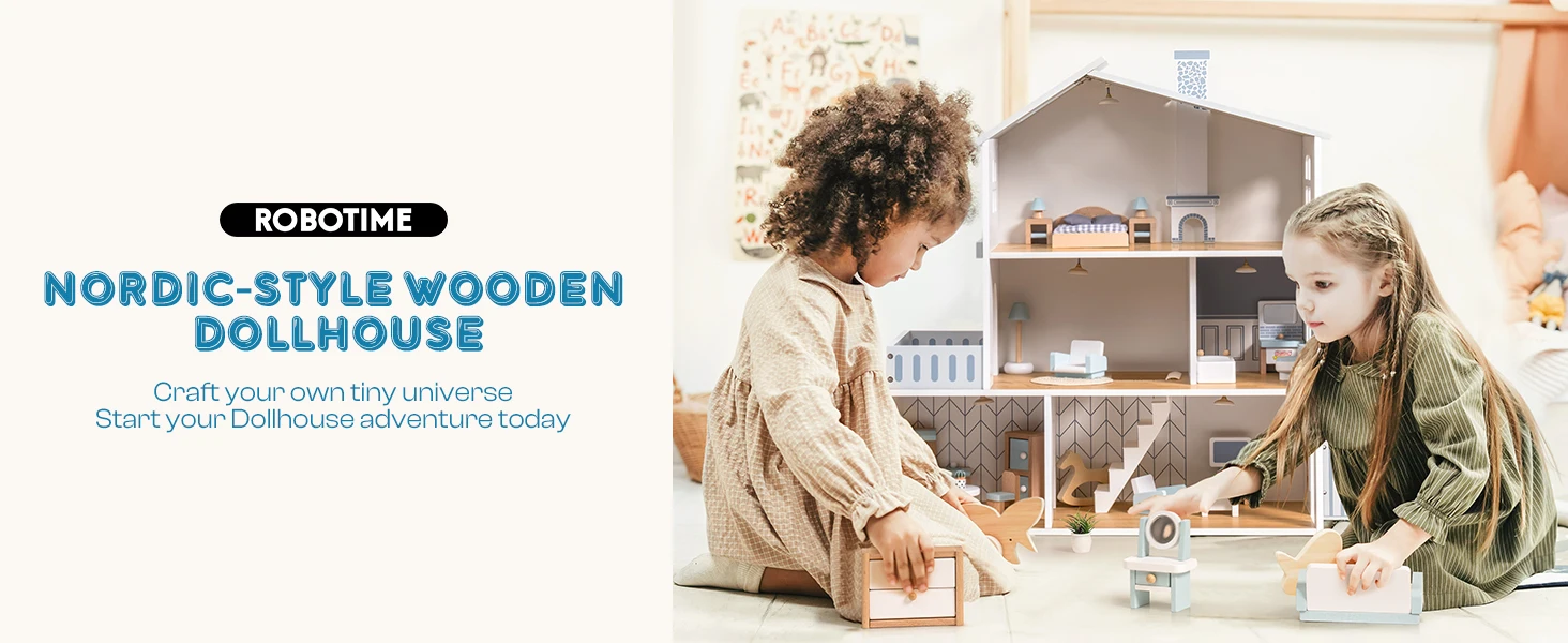 Robud Wooden Dollhouse 6 Rooms 29 Realistic Accessories 4-6" Dolls Nordic Style Kids & Toddlers Gift Ages 3+