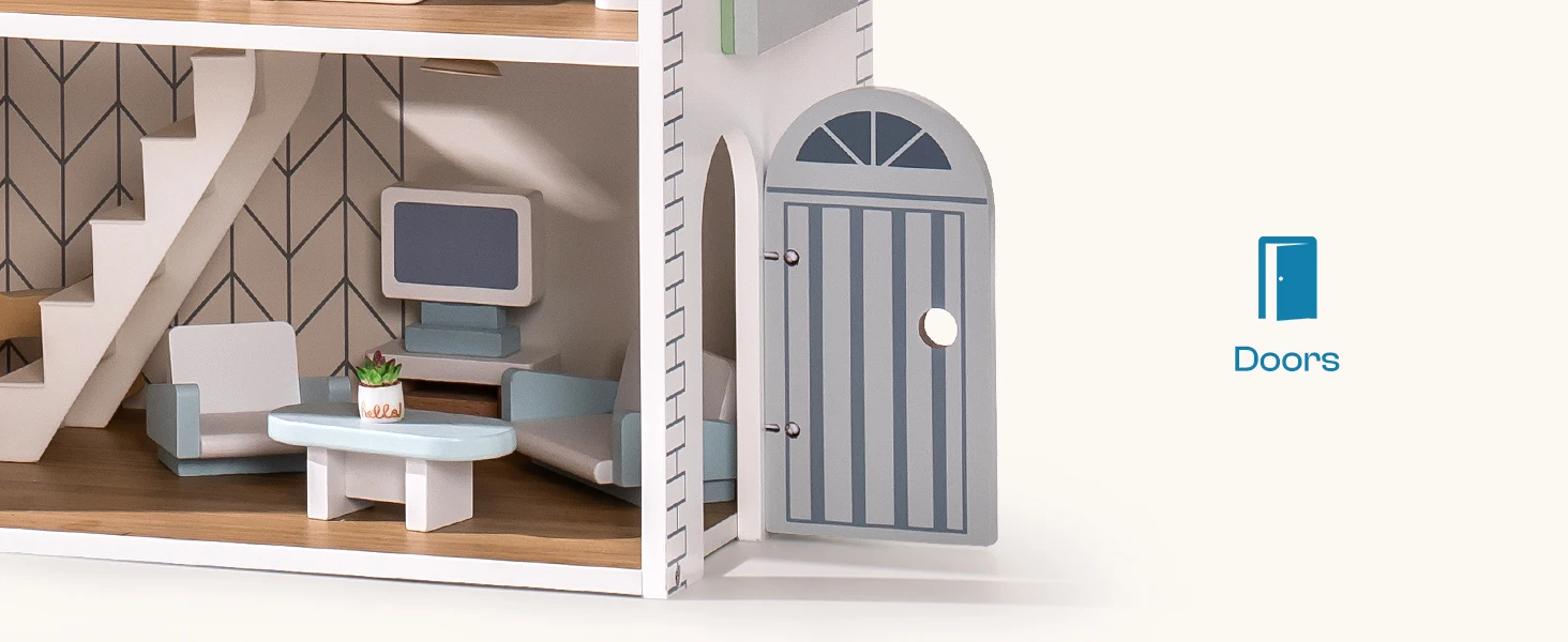 Robud Wooden Dollhouse 6 Rooms 29 Realistic Accessories 4-6" Dolls Nordic Style Kids & Toddlers Gift Ages 3+